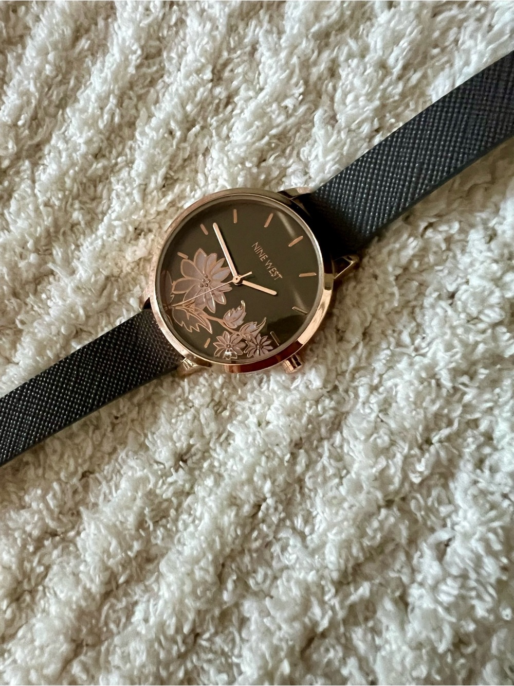Nine West Gray Strap Watch with Rose Gold Case and Pink Floral Dial